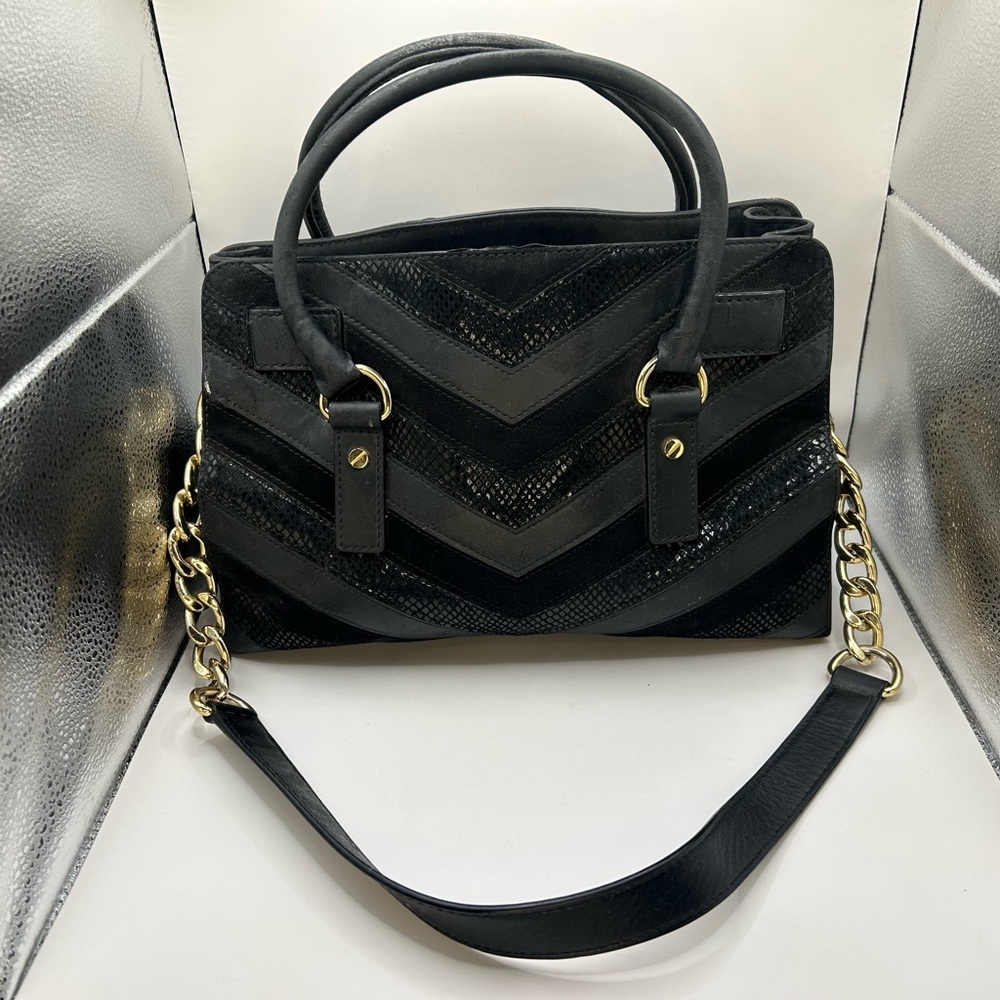 Michael Kors Hamilton Chevron Satchel, a black mixed-media handbag , Lock & Key